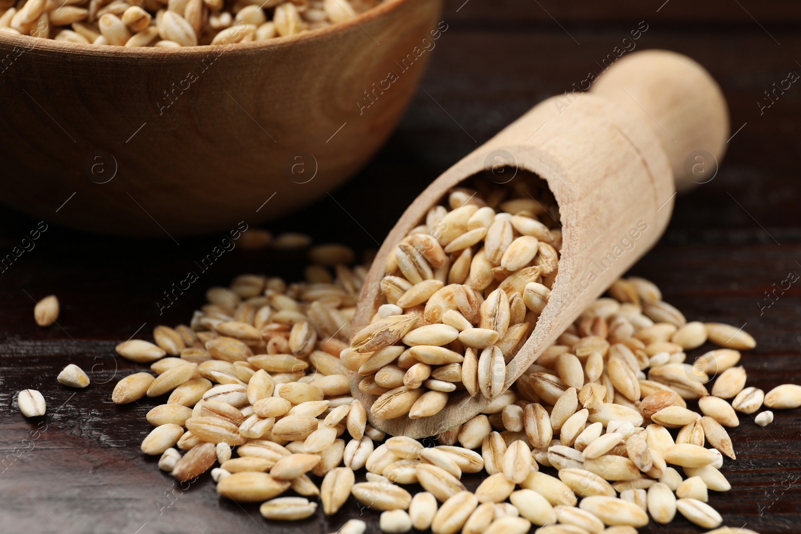 Photo of Dry pearl barley with bowl and scoop on table, closeup