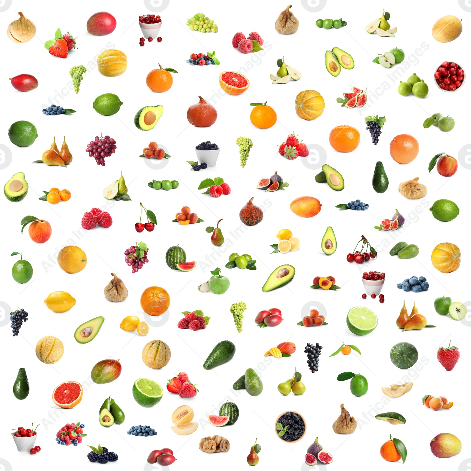 Image of Set of fresh ripe fruits and berries on white background