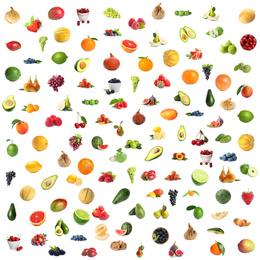 Image of Set of fresh ripe fruits and berries on white background