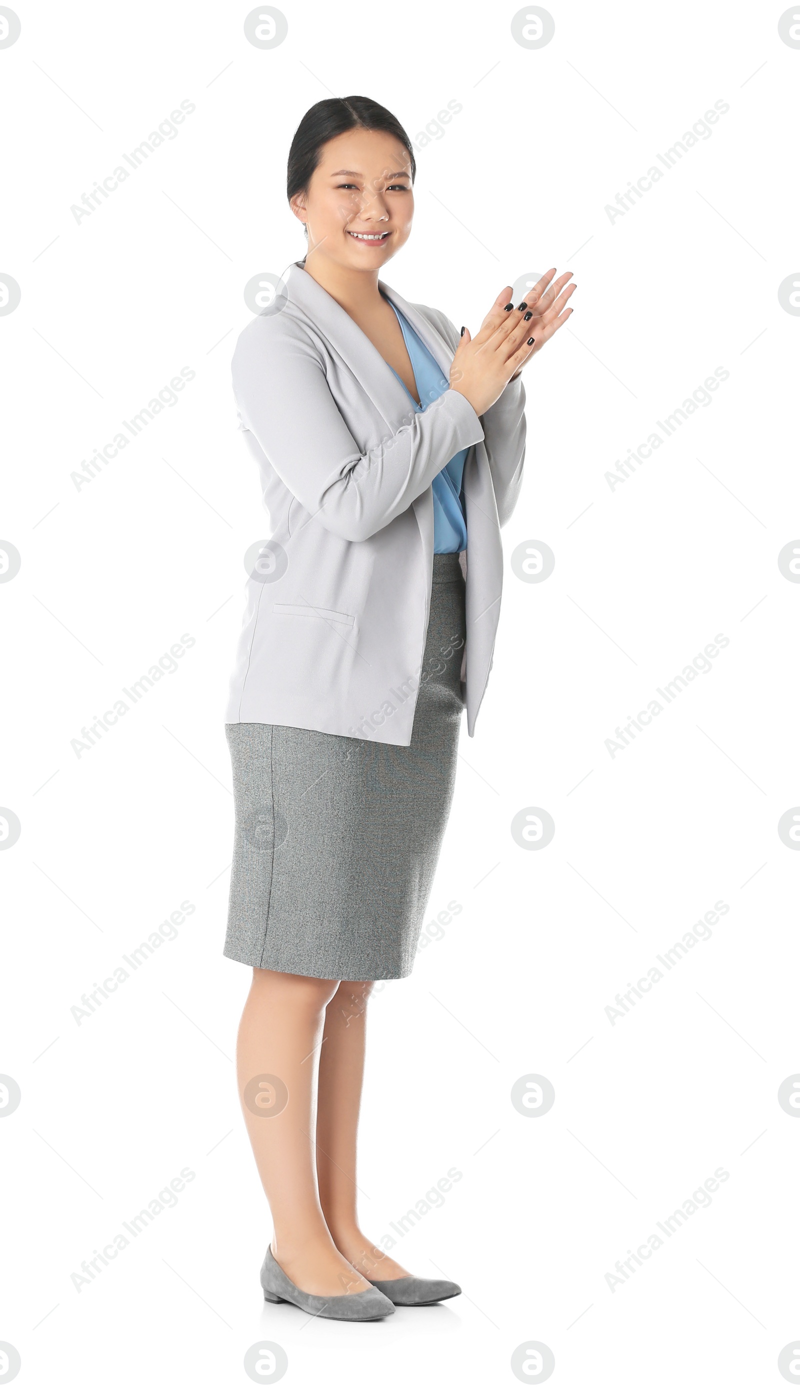 Photo of Business trainer applauding on white background