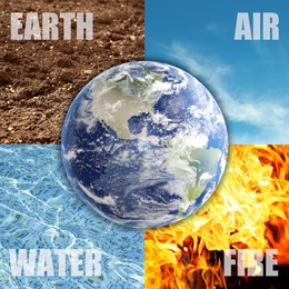 Image of Set of four elements with their names and globe. Earth, Air, Water and Fire