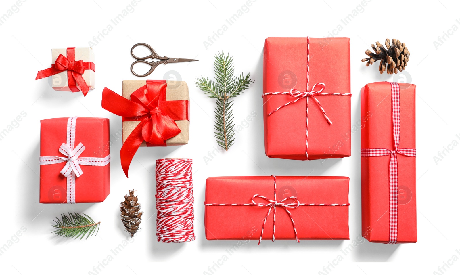 Photo of Flat lay composition with Christmas gifts on white background