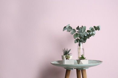 Photo of Eucalyptus branches and potted plants on table near pink wall. Space for text