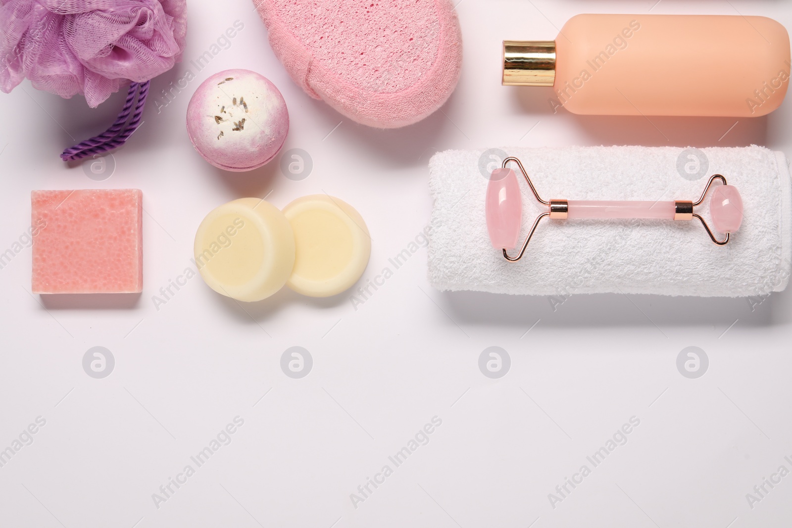 Photo of Bath accessories. Different personal care products on white background, flat lay with space for text