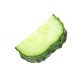 Photo of Slice of fresh cucumber on white background