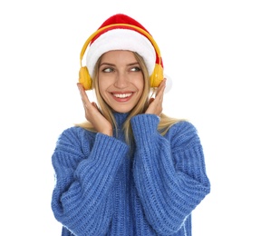Photo of Happy woman with headphones on white background. Christmas music