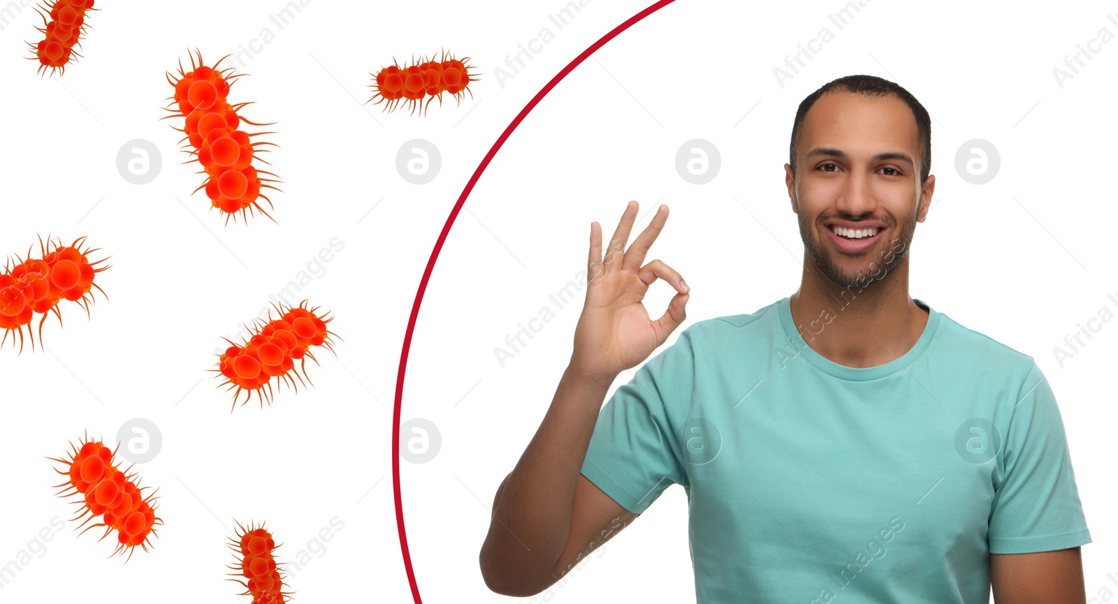 Image of Man with strong immunity surrounded by viruses on light background, banner design