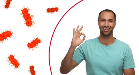 Man with strong immunity surrounded by viruses on light background, banner design