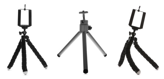 Image of Set with modern tripods on white background, banner design