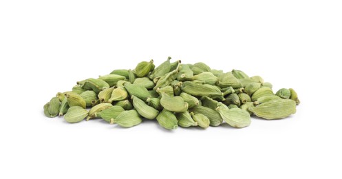 Photo of Pile of dry green cardamom pods isolated on white