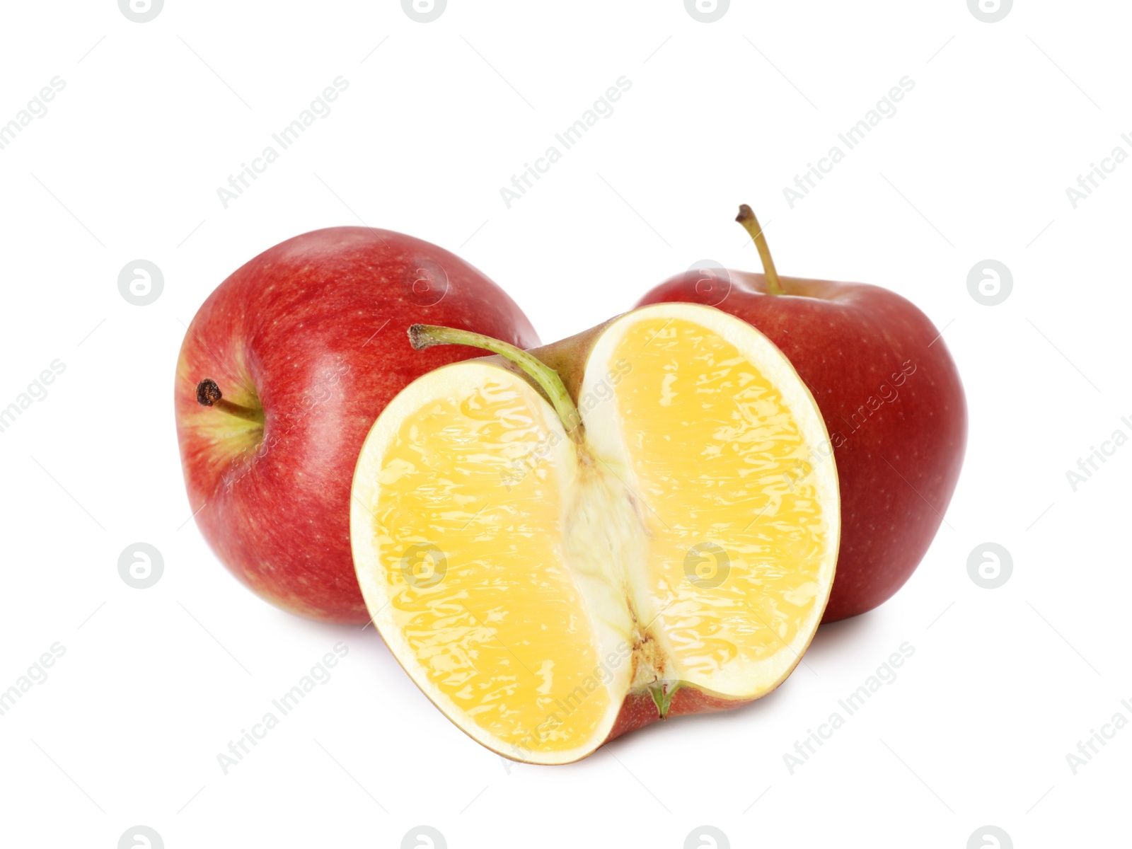 Image of Genetically modified apples with lemon on white background
