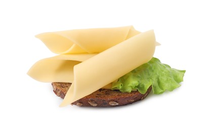 Photo of Tasty sandwich with slices of fresh cheese and lettuce isolated on white