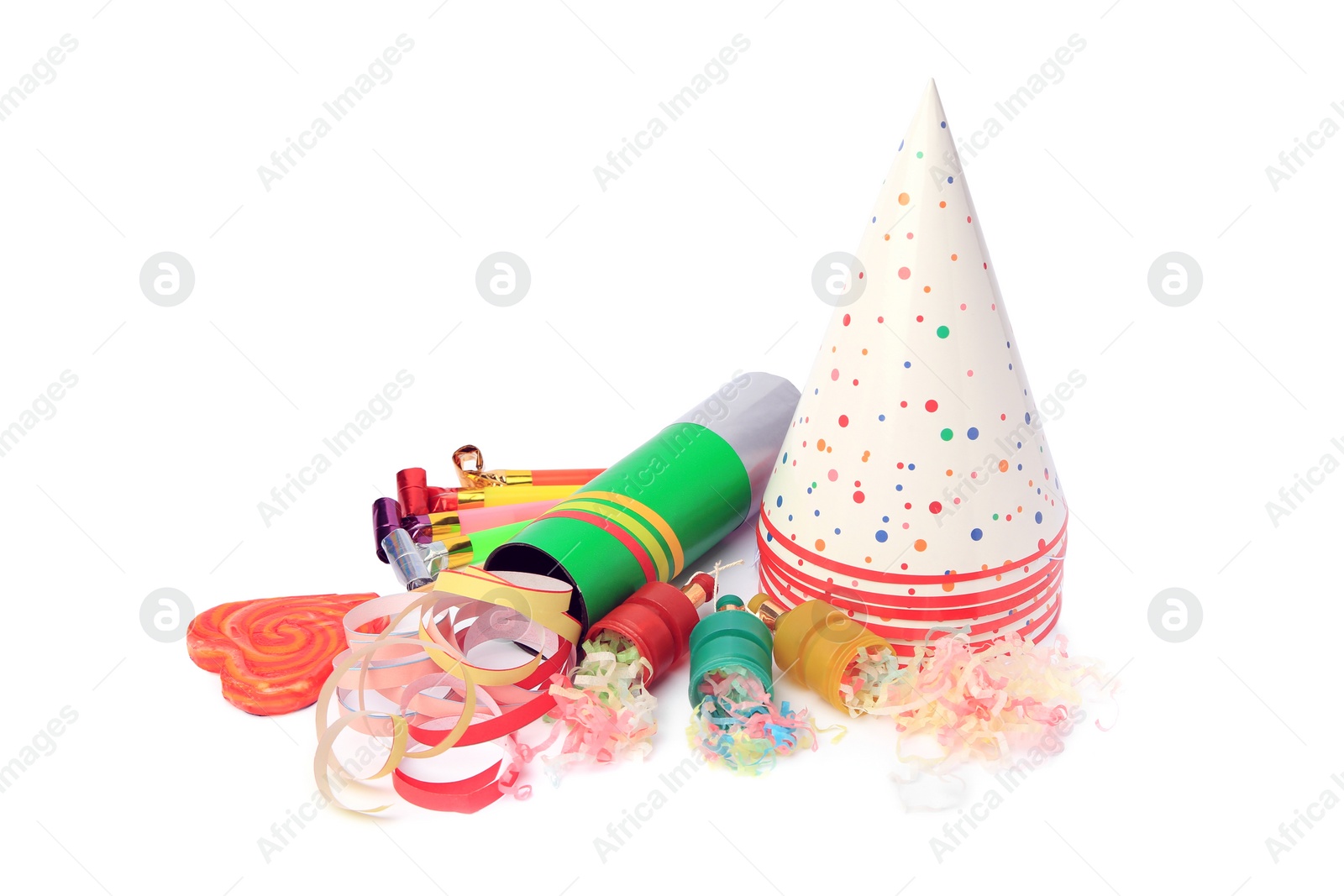 Photo of Party crackers and different festive items on white background