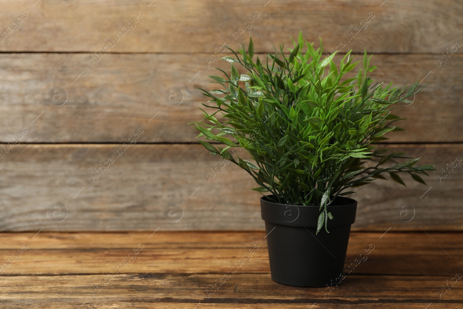 Photo of Artificial plant in black flower pot on wooden table. Space for text