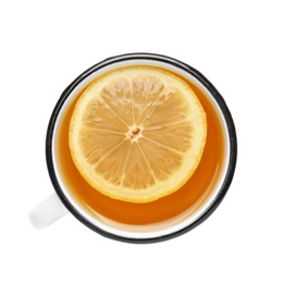 Cup with hot tea and lemon on white background, top view