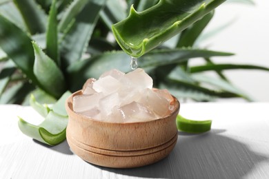 Photo of Dripping aloe vera gel from leaf into bowl at white wooden table, closeup