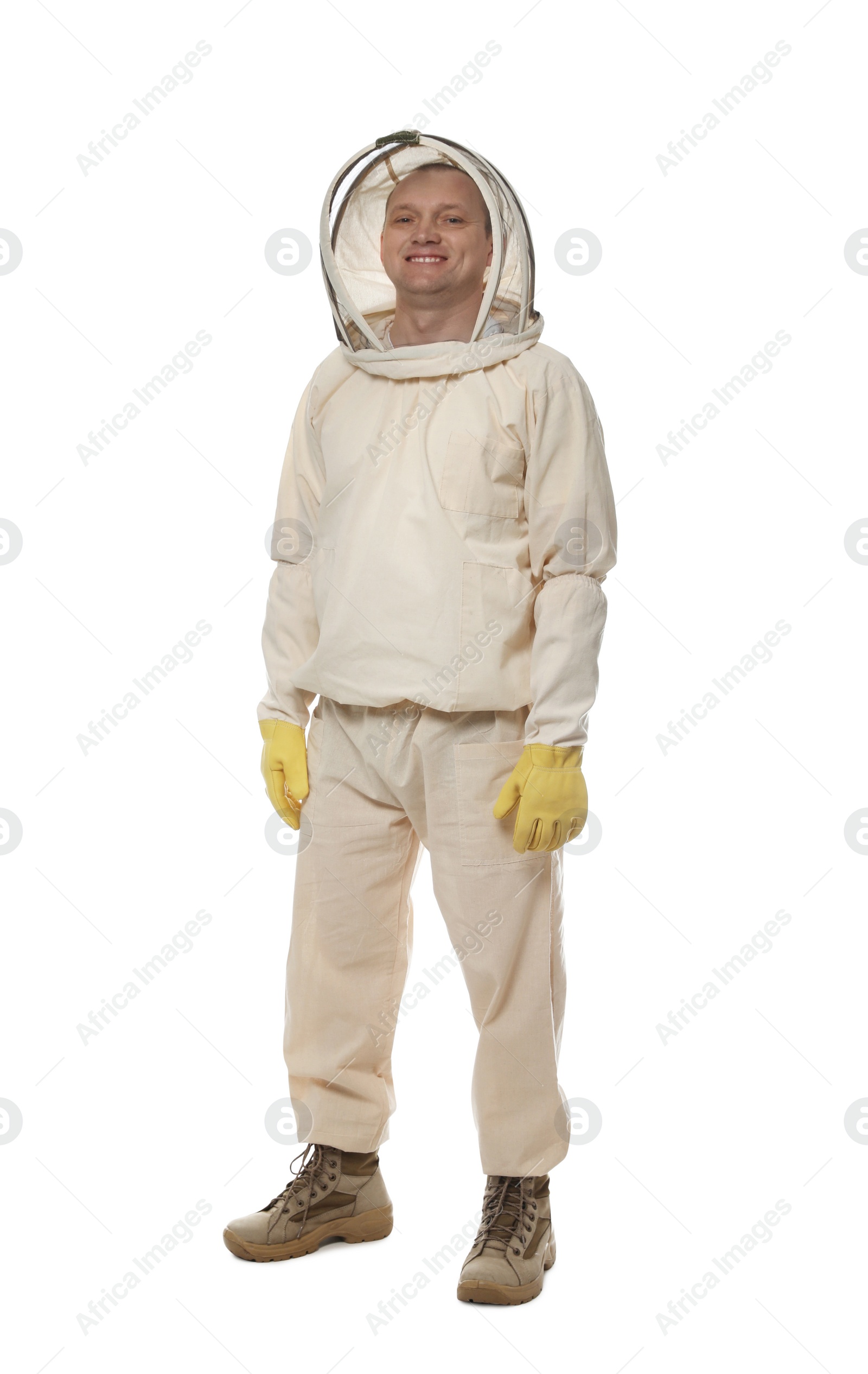 Photo of Beekeeper in full body uniform on white background