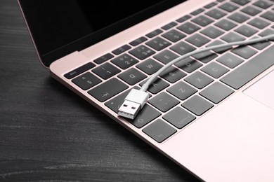 Photo of USB cable and laptop on black wooden table, closeup