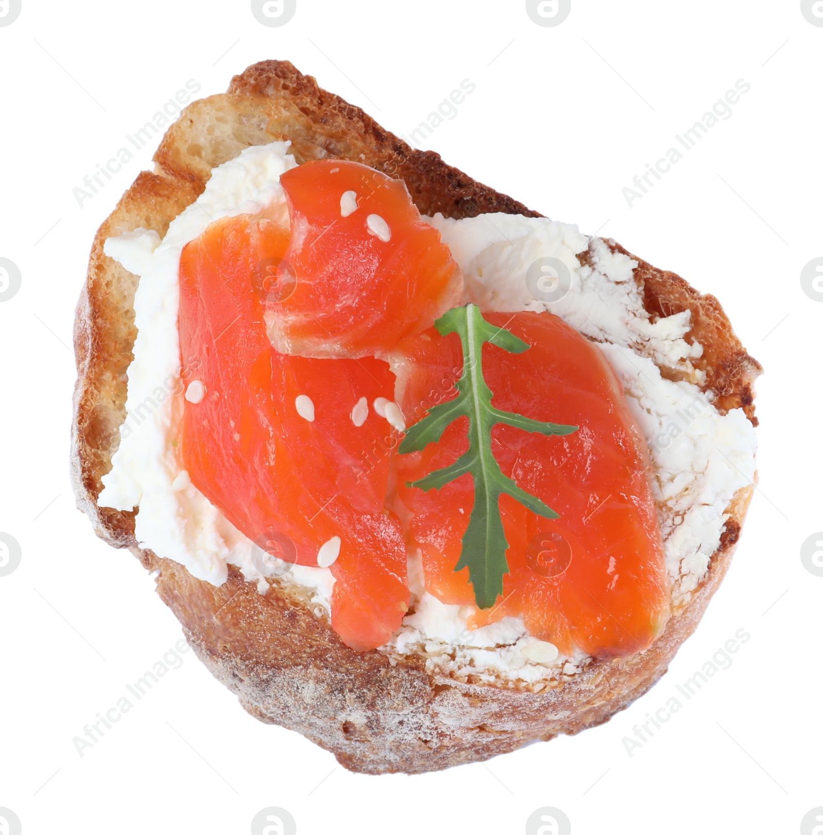 Photo of Delicious sandwich with cream cheese, salmon and arugula isolated on white, top view