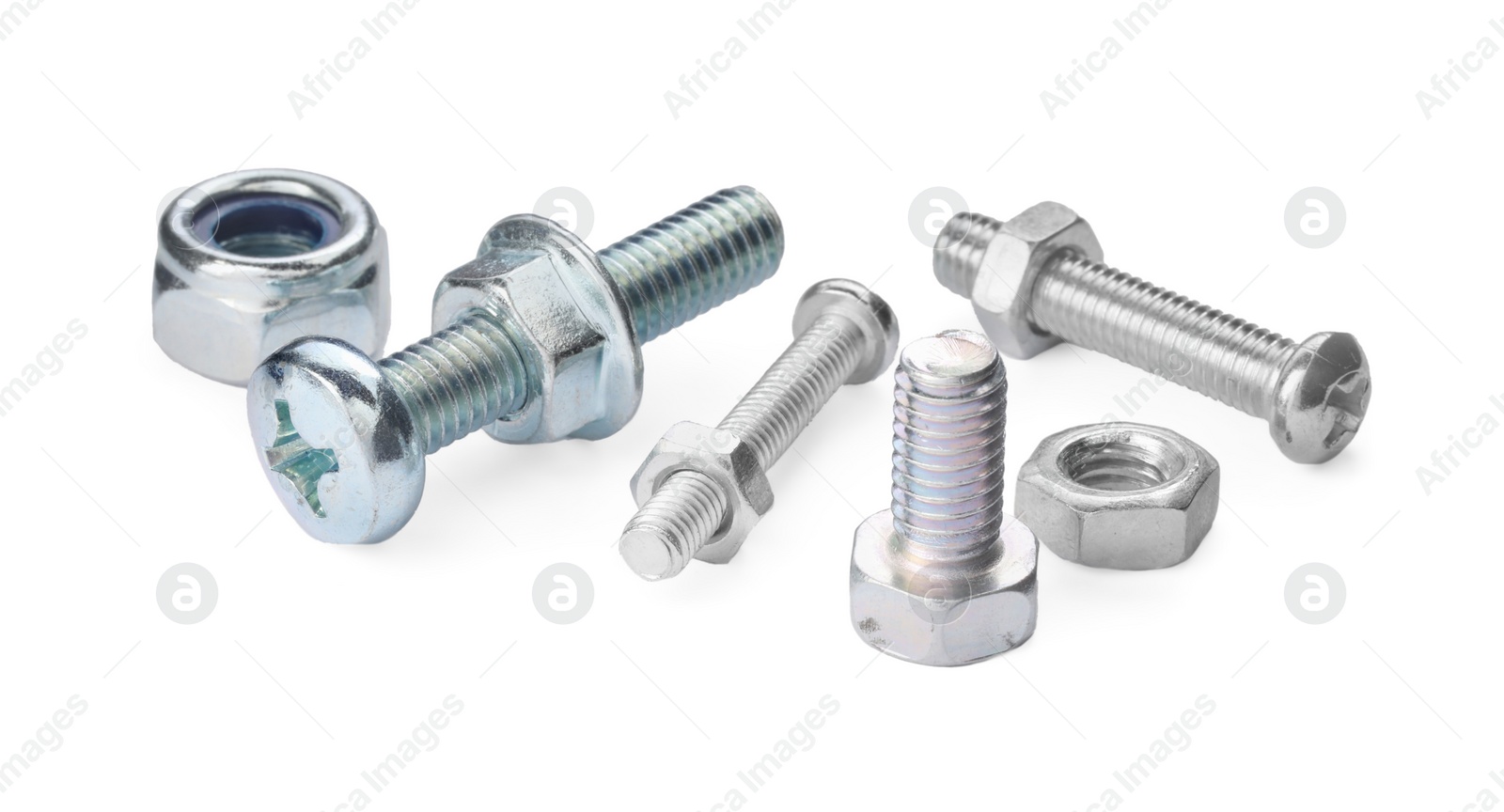 Photo of Many different metal fasteners isolated on white