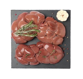 Photo of Fresh raw kidneys with seasonings on white background, top view