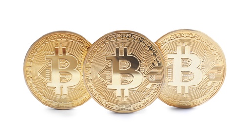 Row of bitcoins isolated on white. Digital currency