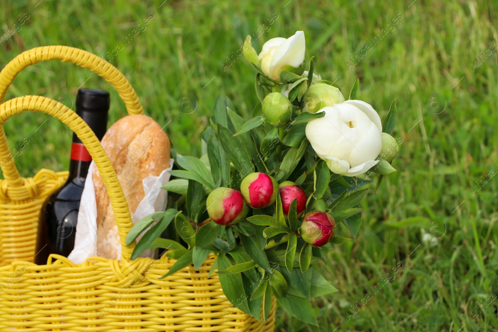 Photo of Yellow wicker bag with wine, bread and flowers on green grass outdoors, closeup. Picnic season