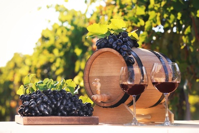 Photo of Composition with wine and ripe grapes on table outdoors