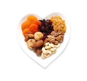 Photo of Heart shaped plate with different dried fruits and nuts on white background, top view