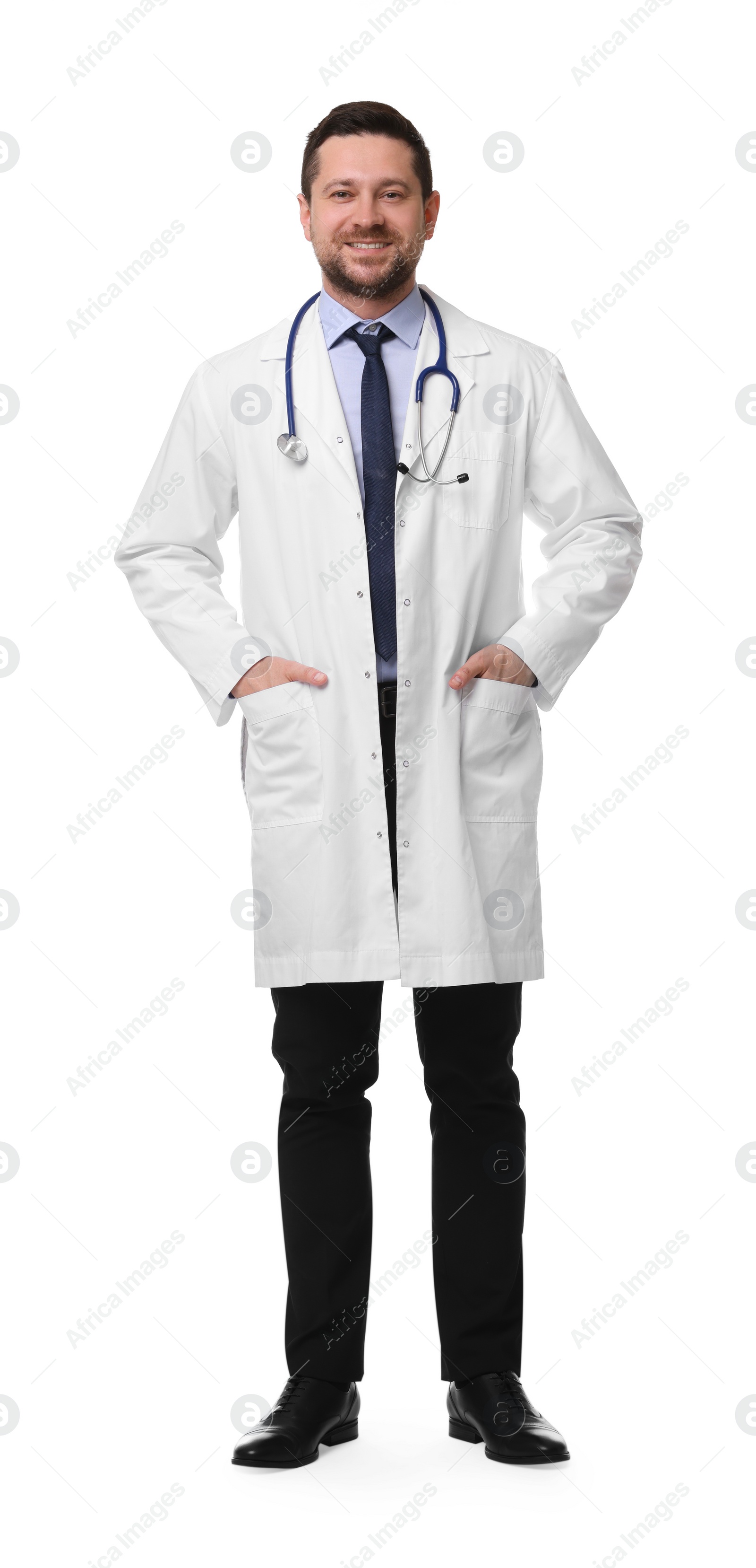 Photo of Full length portrait of smiling doctor isolated on white