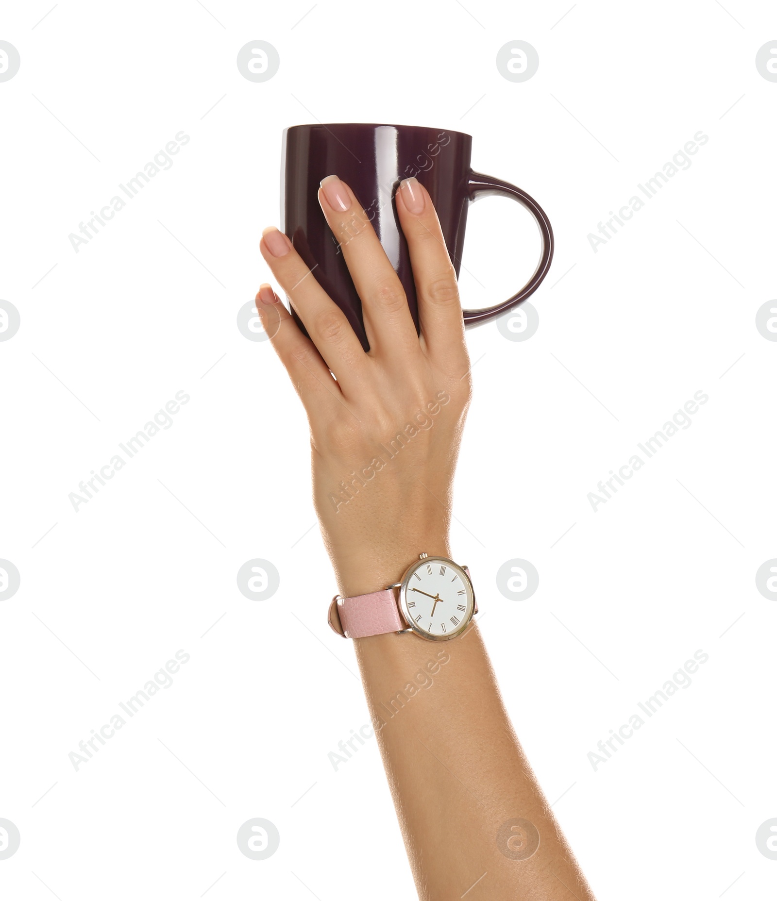 Photo of Woman holding elegant wine red cup on white background, closeup