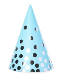 Photo of One light blue party hat isolated on white