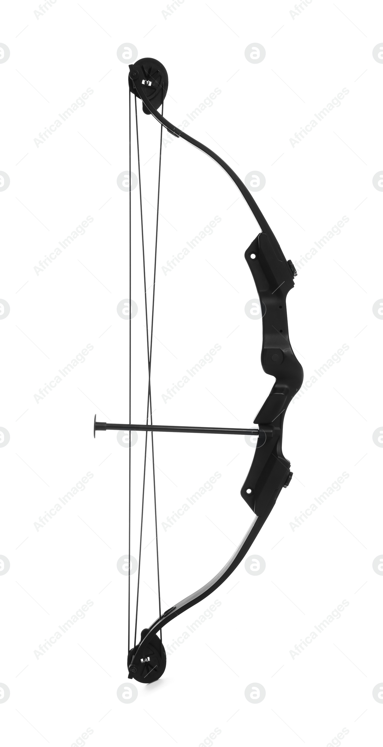 Photo of Black bow on white background. Archery sports equipment