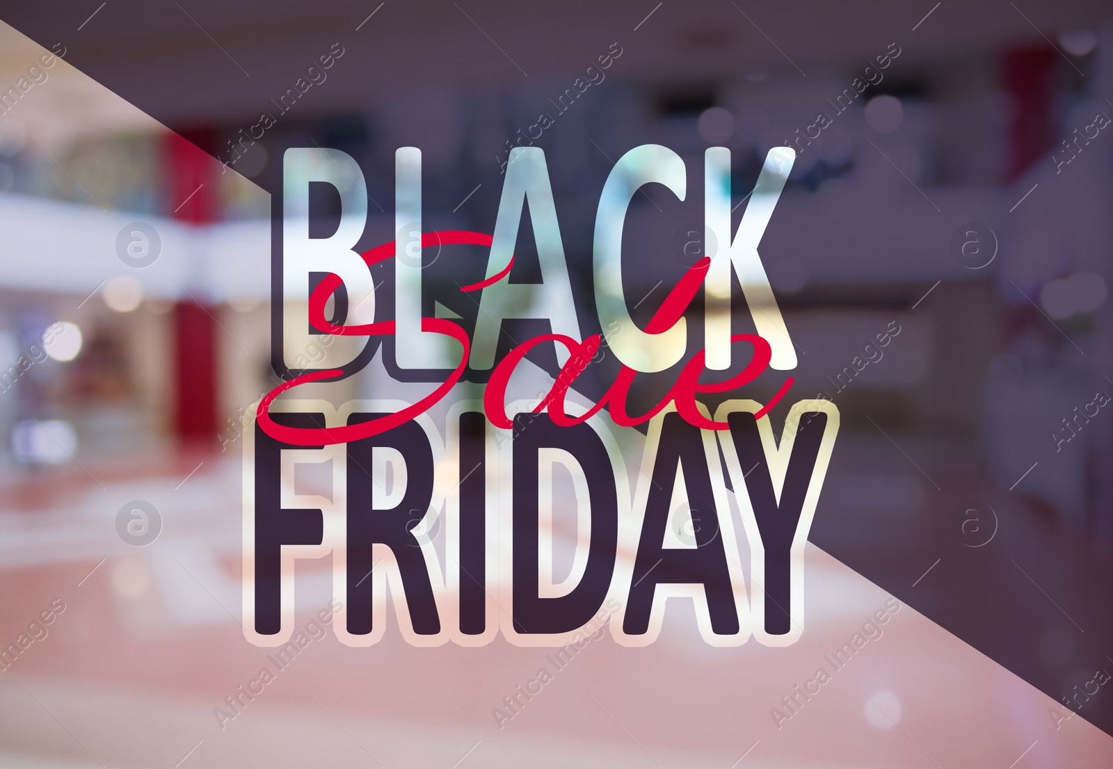 Image of Blurred view of shopping mall entrance hall interior. Black Friday Sale