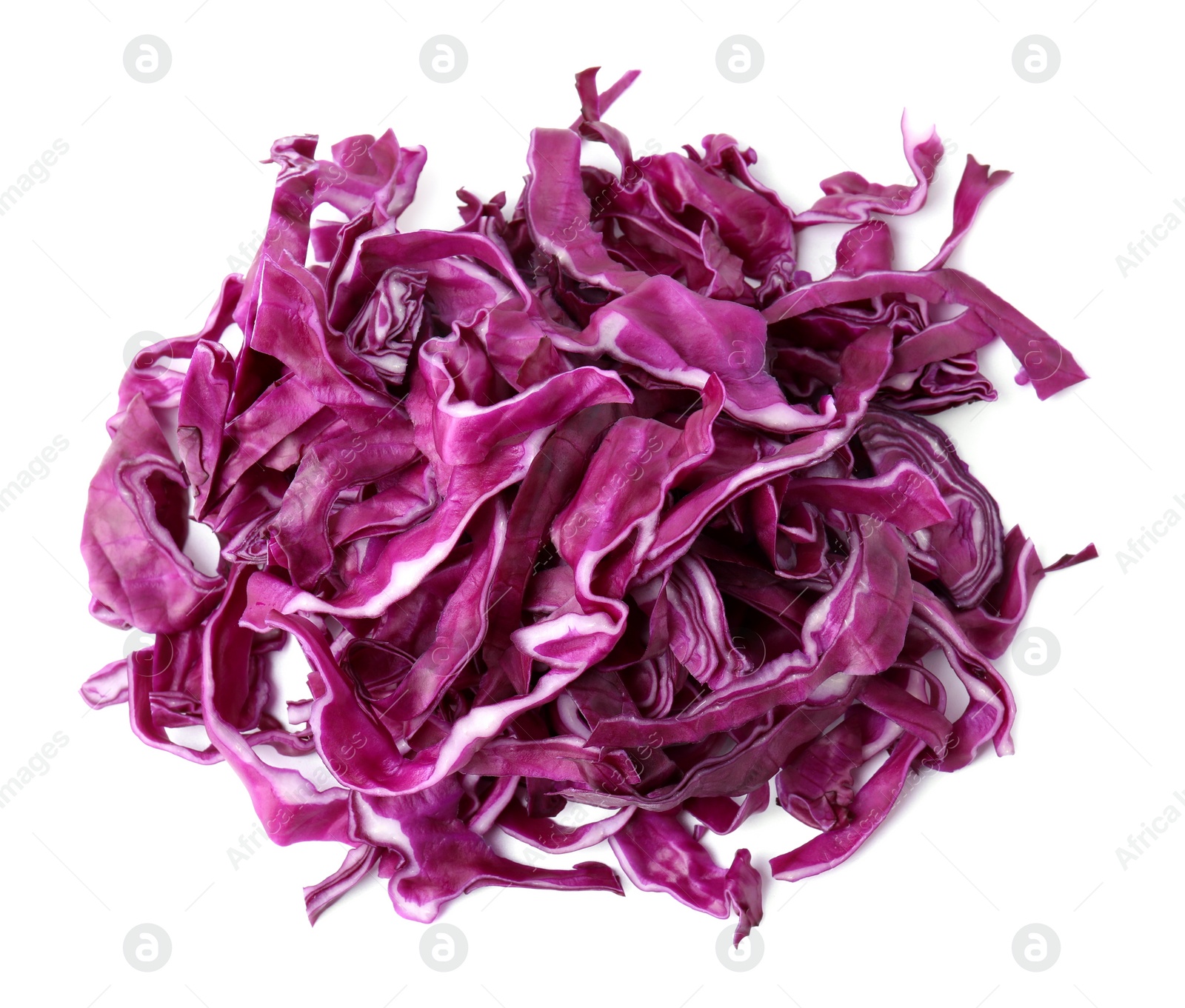 Photo of Pile of shredded red cabbage isolated on white, top view