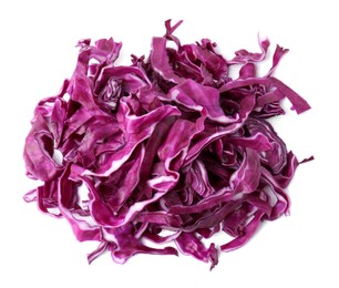 Photo of Pileshredded red cabbage isolated on white, top view