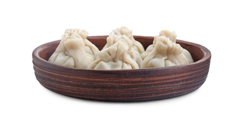 Photo of Tasty fresh khinkali (dumplings) isolated on white. Georgian cuisine