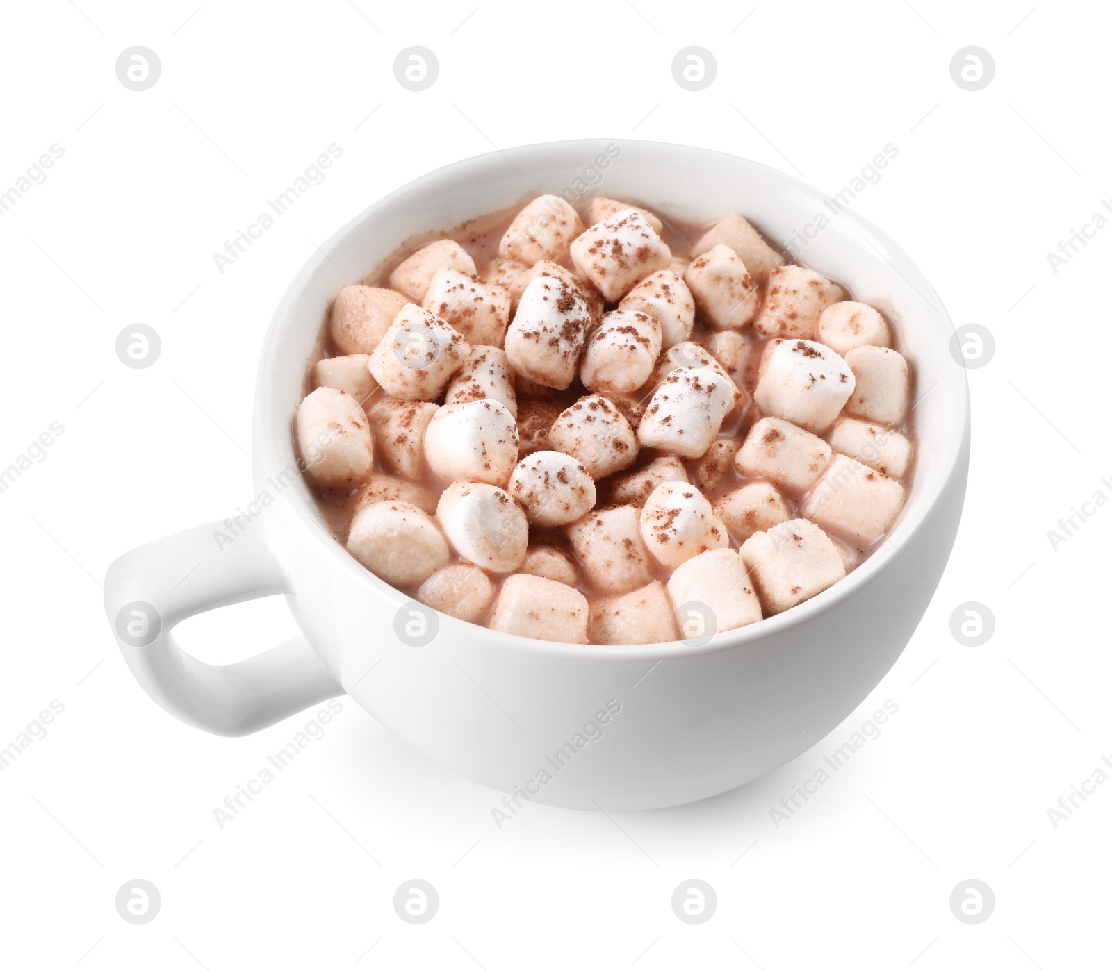 Photo of Cup of aromatic hot chocolate with marshmallows and cocoa powder isolated on white