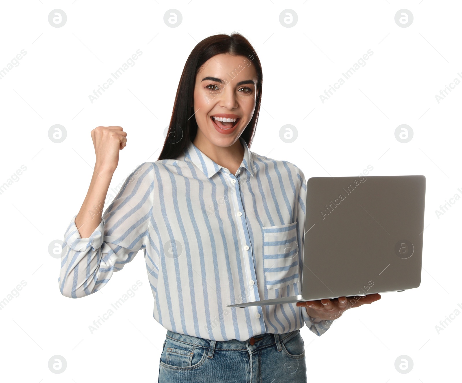 Photo of Emotional young woman with modern laptop on white background