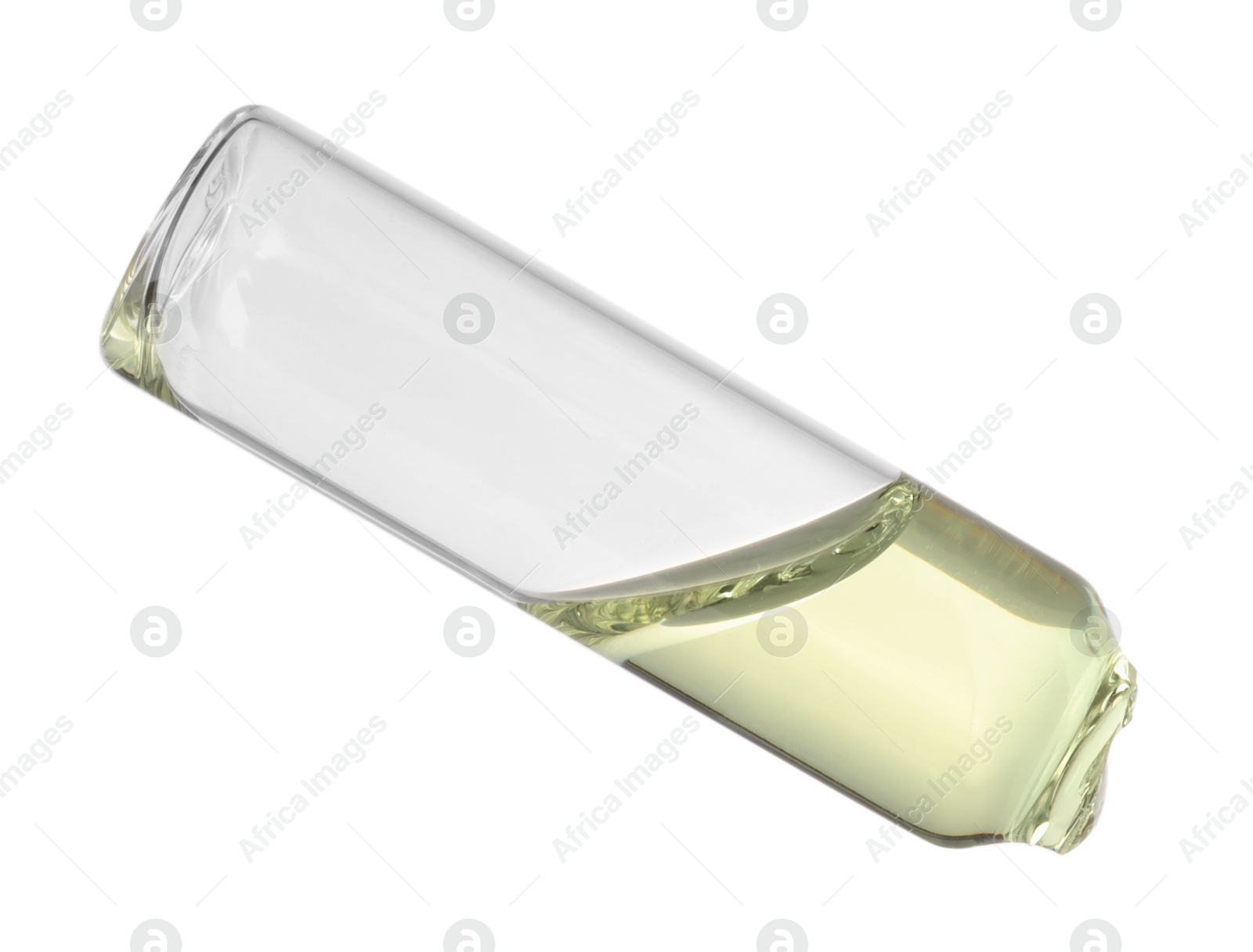 Photo of Open glass ampoule with liquid isolated on white