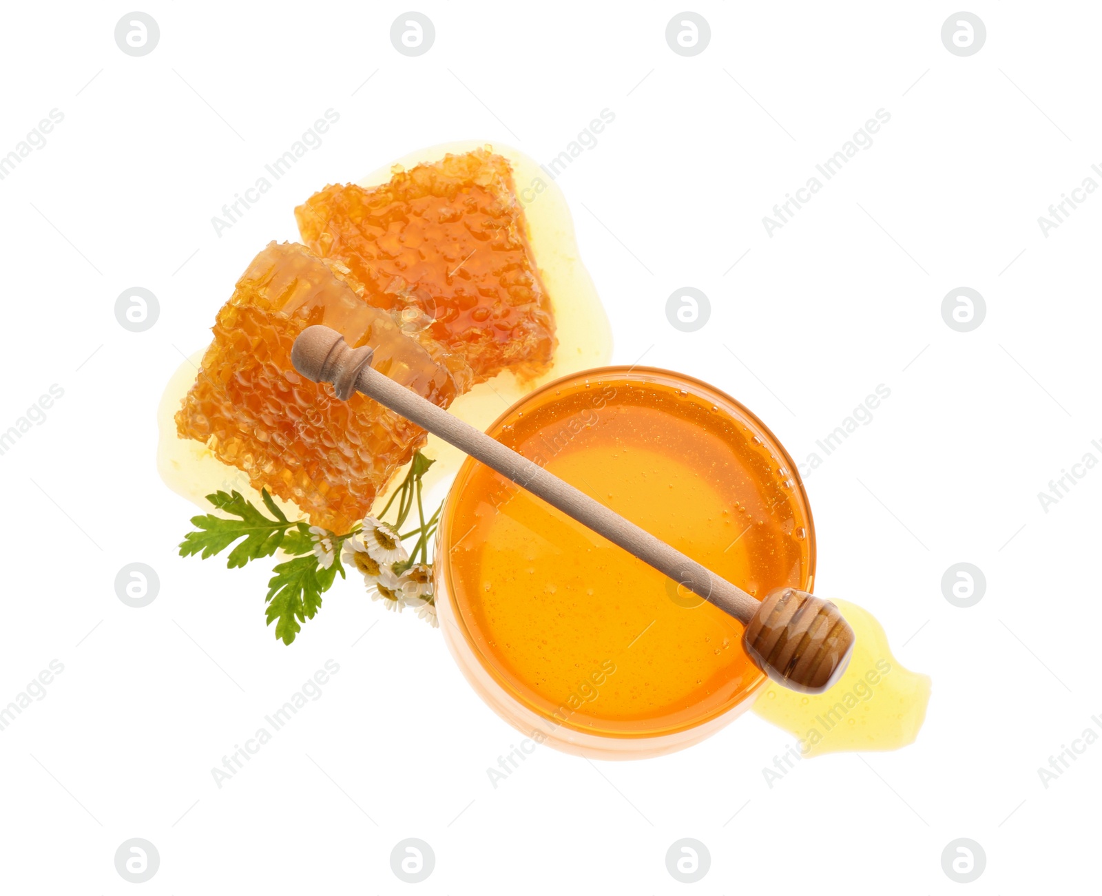 Photo of Composition with fresh honey on white background, top view