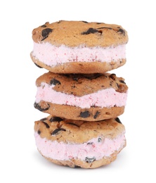 Photo of Sweet delicious ice cream cookie sandwiches on white background