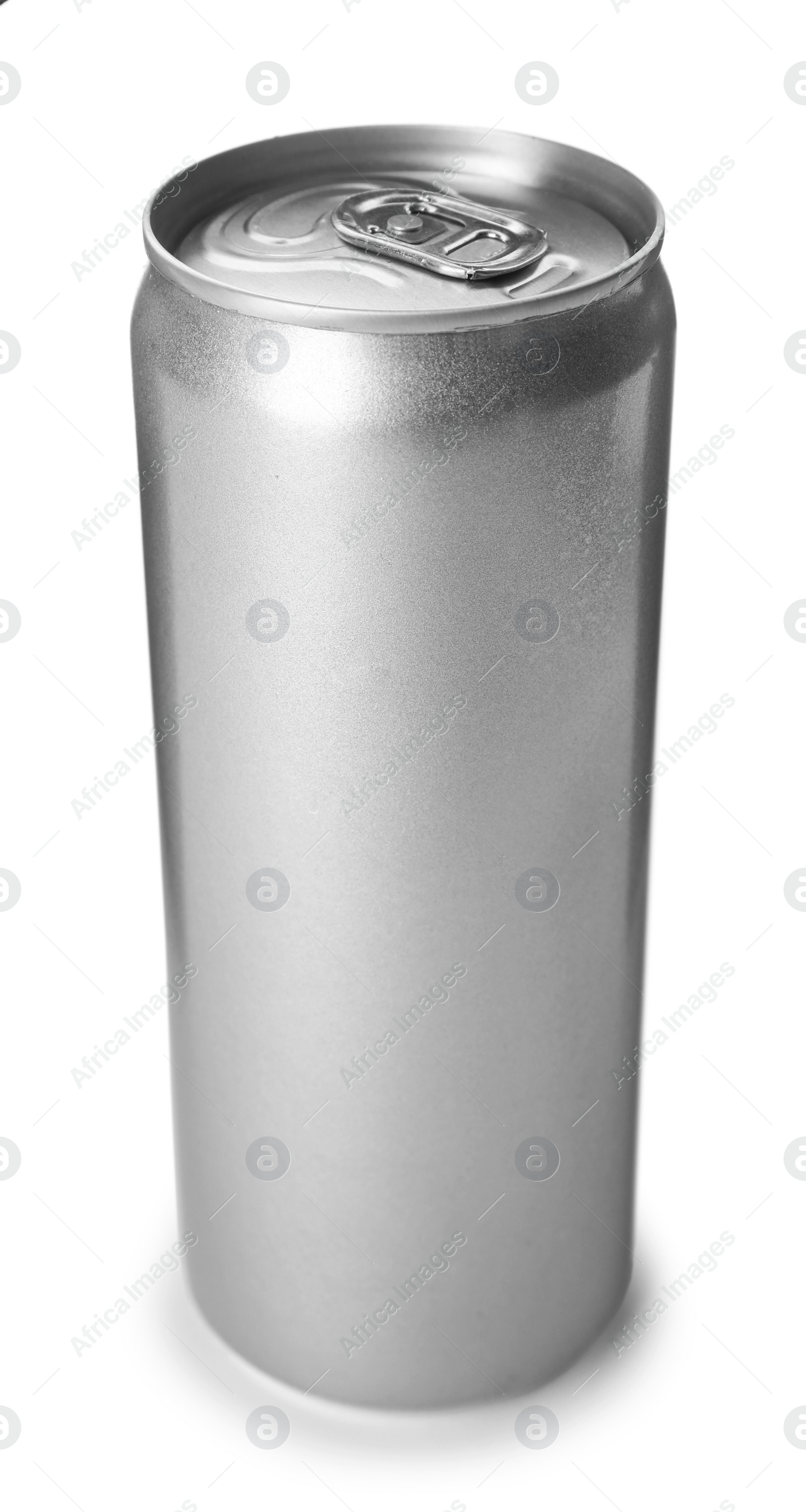 Photo of Empty aluminum can with beverage on white background. Mockup for design