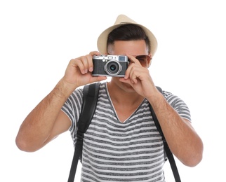 Photo of Man with straw hat taking picture on white background. Summer travel