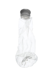 Photo of Empty crumpled bottle isolated on white. Plastic recycling
