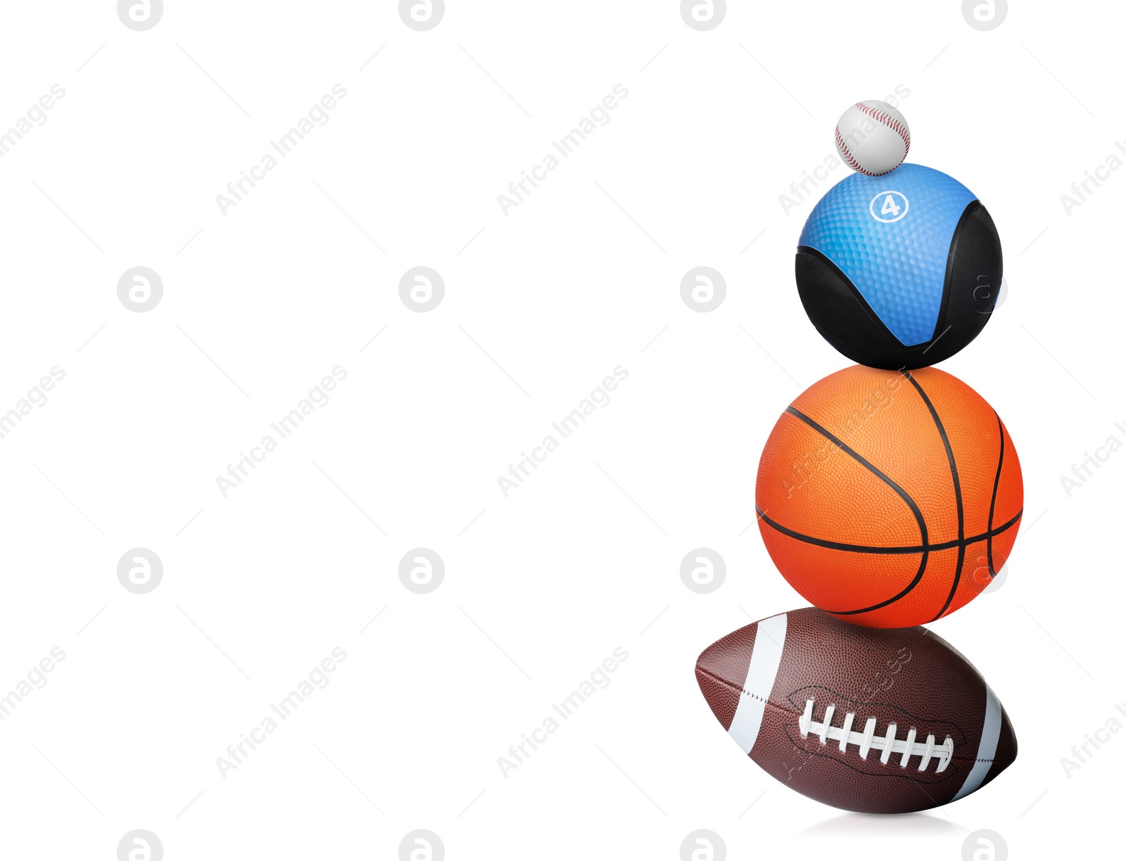 Image of Stack of different sport and medicine balls on white background