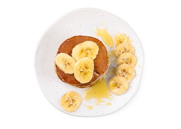 Photo of Plate of banana pancakes with honey isolated on white, top view