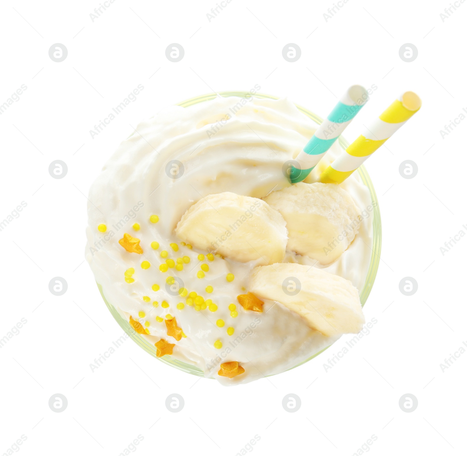 Photo of Glass of tasty milk shake on white background, top view