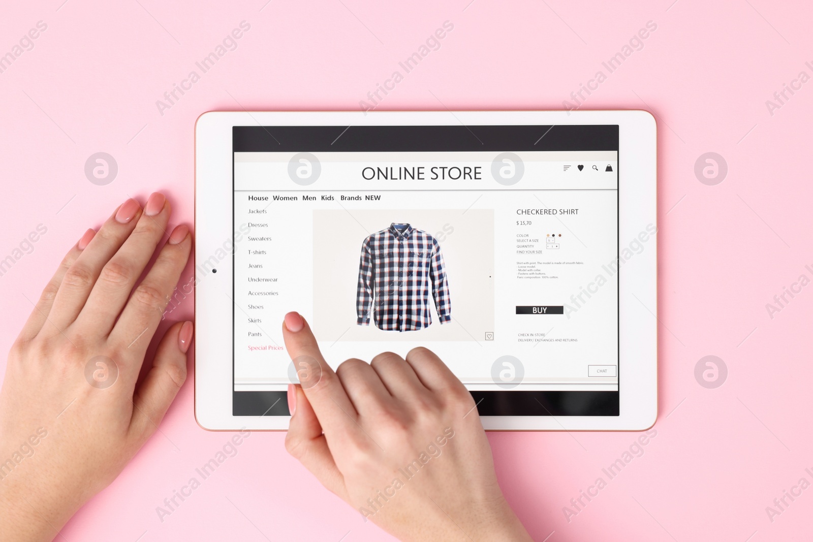 Photo of Woman with tablet shopping online on pink background, top view