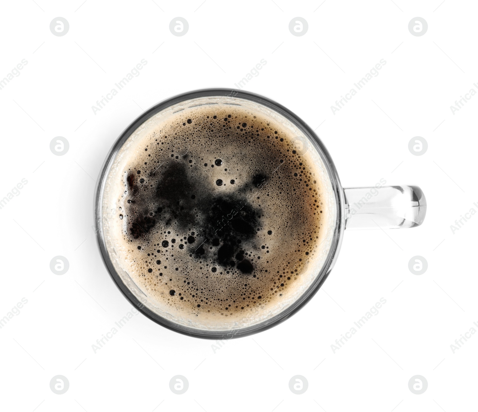 Photo of Glass mug with cold tasty beer on white background, top view